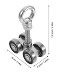 Top Shelf Heavy Duty Sliding Gate Trolley Wheel With Detachable Steel Roller Assembly For Rock Solid Barn Door Hardware and Smooth Glide Operation That Is Super Easy To Install And Built Tough, showing dimensions and steel material.