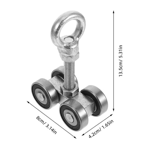 Top Shelf Heavy Duty Sliding Gate Trolley Wheel With Detachable Steel Roller Assembly For Rock Solid Barn Door Hardware and Smooth Glide Operation That Is Super Easy To Install And Built Tough, showing dimensions and steel material.