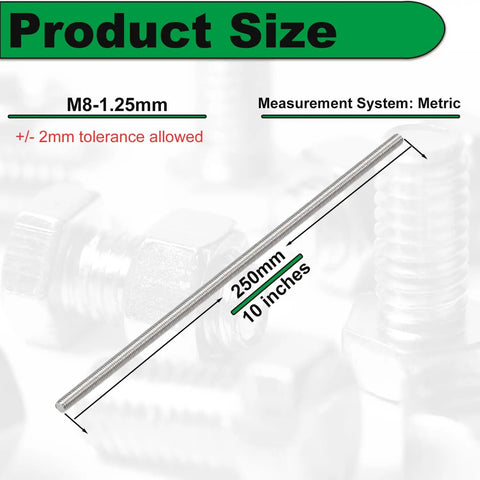 Beefy 304 Stainless M8 x 250mm Fully Threaded Rod, 10 Inch Length, M8-1.25 Pitch, Right Hand Threads, 2 Pack, DIN975 A2-70 Grade Steel