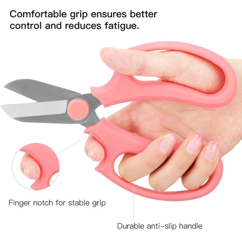 Person holding pink Flower Pruning Scissors For Gardening Strong Floral Shears With Premium Steel Blade Ambidextrous Hand Pruner