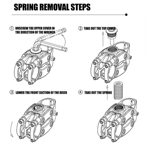 Illustration showing spring removal steps for Adjustable Suspension Handlebar Stem for MTB BMX and Road Bikes