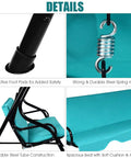 Close-up of turquoise Three Seater Canopy Swing Chair details, steel frame, spring hook, cushioned seat for outdoor patio garden.