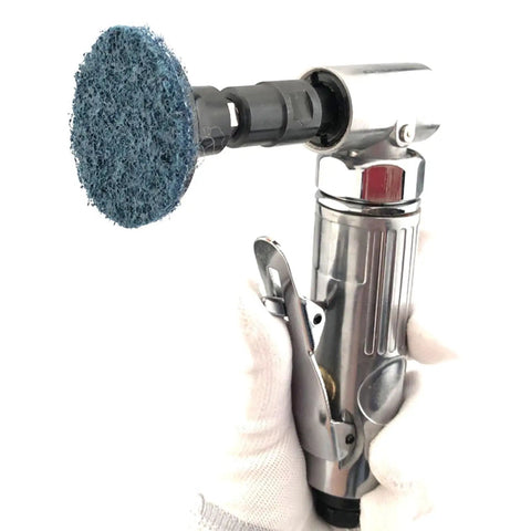 High Rpm Pneumatic Angled Grinder Tool Set With Swappable Collets Lightweight One Hand Design for polishing with a blue pad.