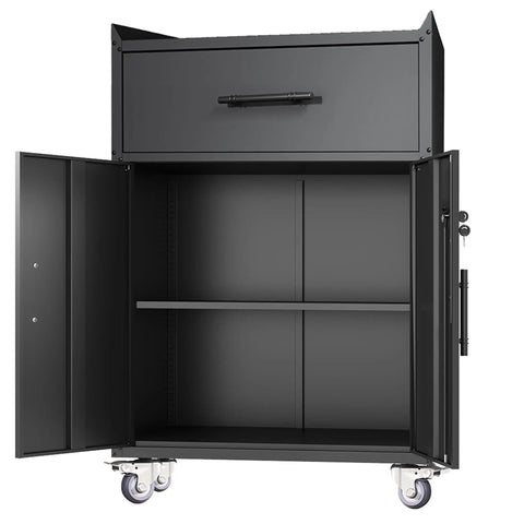 Inside view of Heavy Duty 35 Inch Tool Storage Cabinet With Slick Rolling Lockable Casters And No Fuss Adjustable Shelving For Garage Workshop Gear Caddy Organization Matte Black.