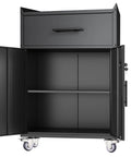 35-Inch Heavy Duty Tool Storage Cabinet With Slick Rolling Lockable Casters Black garage tool cart open with inner shelves.