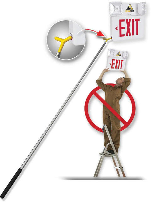 Heavy Duty Extendable Safety Pole With Killer Reach Ditch The Ladder Smoke Alarm Tester and Fire Sensor Checker in use to adjust EXIT sign.