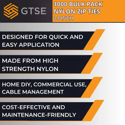 Product features of 14 Inch Black Zip Ties 1000 Pack UV Resistant Self Locking Nylon Tie Wraps 50Lb Strength Built To Last