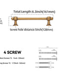 10 Pack 5 Inch Antique Brass Cabinet Pulls Solid Zinc Alloy Drawer Handles with dimensions and screw details for installation.