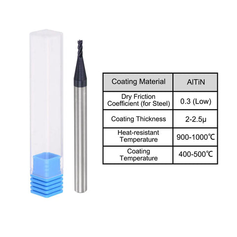 Square Nose End Mill 1.5mm Tip Diameter Solid Carbide AlTiN Coated CNC Router Bit displayed with specifications chart.