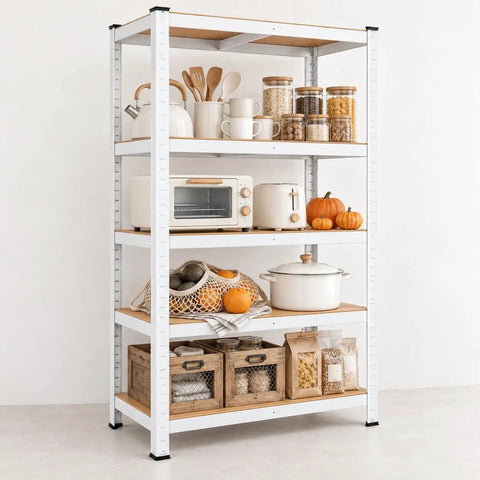 Heavy Duty 5 Tier Storage Shelf Rack Adjustable Boltless Steel Frame With Thick MDF Boards Rock Solid Garage Shelving Kit For Kitchen Pantry Quick Setup Superior Load Capacity 30X12X59 Inches White organizing kitchen items.