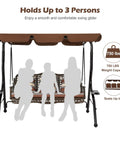 Three Seat Outdoor Patio Swing Chair With Large Convertible Canopy Porch Glider Hammock Lounge Chair For Porch Rattan Wicker Steel Frame Cushions And Pillows Brown displayed with weight capacity and seating guidance