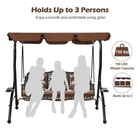 Three Seat Outdoor Patio Swing Chair With Large Convertible Canopy Porch Glider Hammock Lounge Chair For Porch Rattan Wicker Steel Frame Cushions And Pillows Brown displayed with weight capacity and seating guidance
