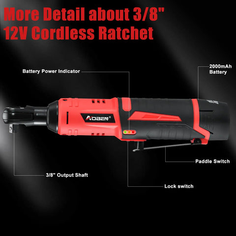 Kickass 3 8 Cordless Ratchet Wrench Kit Packing 40 Ft Lbs Of Beefy Torque With Variable Speed Trigger showing the battery power indicator and controls.