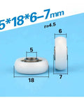 Premium Low Drag Nylon Pulley Wheels Featuring Precision Ball Bearings For Buttery Smooth Linear Motion And Aluminum Profiles Zero Friction Glide Heavy Duty Track Rollers shown from the side with dimensions 5x18x6-7mm.