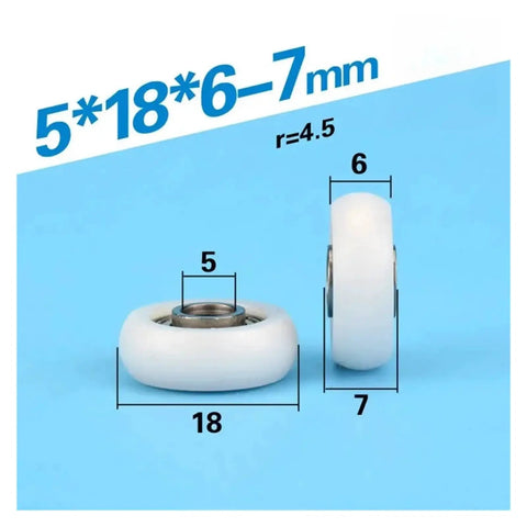 Premium Low Drag Nylon Pulley Wheels Featuring Precision Ball Bearings For Buttery Smooth Linear Motion And Aluminum Profiles Zero Friction Glide Heavy Duty Track Rollers shown from the side with dimensions 5x18x6-7mm.