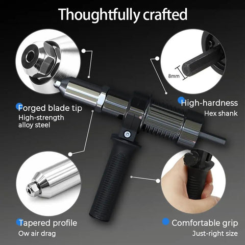 All In One Rivet Gun Adapter Kit With Four Interchangeable Heads For Drill Attachments showing hex shank and grip