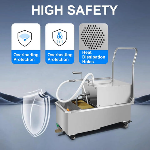 Heavy Duty Commercial Fryer Filter Machine Stainless Steel Mobile Oil Filtration Cart displaying high safety features and accessories.