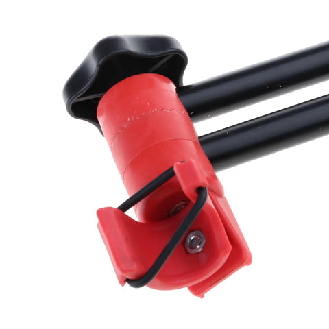 Close-up of red clamp on Lightweight Aluminum Bike Repair Rack Triangle Stand For Road Bikes Foldable Floor Display Stand In Red Durable And Stable Space Saving Easy Setup For Home Garage Or Shop Slips Proof Support.