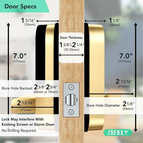 Door specifications diagram for Slick Built In Wifi Smart Door Lock With Handle And Keypad, showing dimensions and bore hole details.