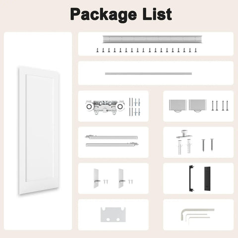 Package list for Straight Up Smooth Concealed Sliding Barn Door With Soft Close Hardware Kit, includes door and installation components.
