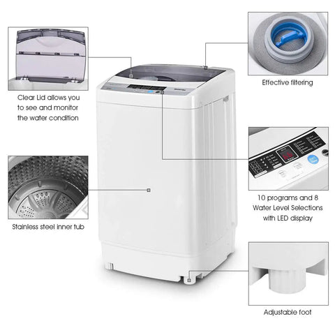 Straight Up Reliable Portable Full Automatic Washing Machine With Built In Drain Pump And Smart Digital Controls 12 Pound Capacity, displaying clear lid and stainless steel tub.