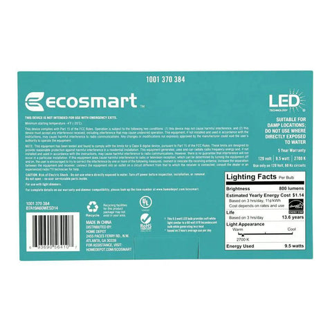 Back of packaging for 60W Equivalent Soft White A19 Dimmable LED Light Bulbs 800 Lumens Energy Star 2700K 4 Pack