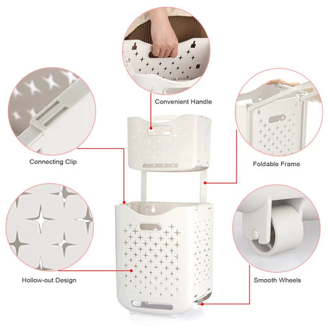 Collapsible Wall Hanging Laundry Baskets Space Saver Duo Set With Hidden Pull Rod, details of design features and handles