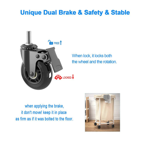 Three Inch Swivel Stem Caster Wheels Set Of Four With Two Brakes And Two Without Brakes Heavy Duty Threaded Stem Five Sixteenth Inch Eighteen TPI 360 Degree Rotation Safety Dual Locking Industrial PU Wheels Load Capacity Per Caster Hundred Fifty Pounds, showing dual lock brake mechanism, close-up view.