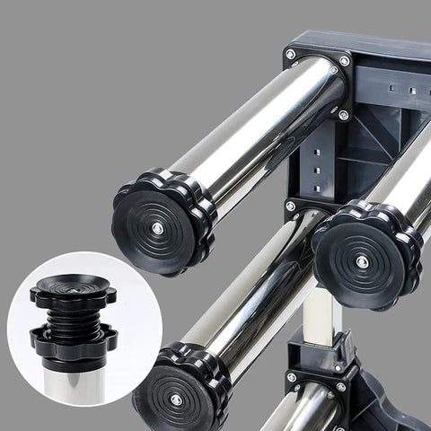 Close-up of Rock Solid Stainless Steel Washer Stand adjustable riser tray showing height adjustment mechanism with polished steel.
