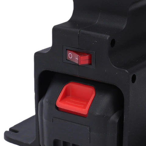 Rock Steady Cordless Mini Bench Grinder With Two Heavy Duty 4000mAh Batteries And Slick Variable Speed Adjustment Reaching 7000Rpm For Zero Sweat Grinding Sharpening Tasks power switch close-up with red button.