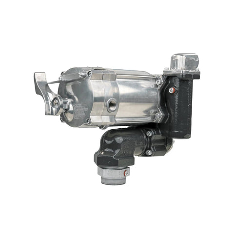 Heavy Duty 20 GPM Fuel Transfer Pump With 1 Inch Outlet For Gasoline And Diesel 115 Volt AC Plug And Play Setup showing polished body and outlet.