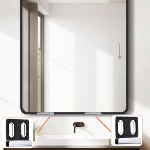 Heavy Duty Stainless Steel Mirror Clips With Complete Hardware Kit For Wall Mounting Frameless Glass And Retail Billboards, installed on a modern bathroom mirror.