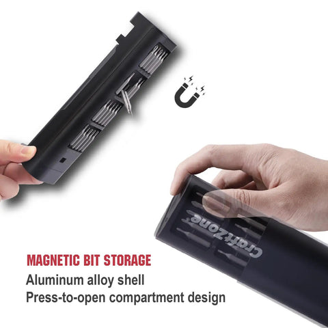 Mini Electric Screwdriver Set With 0.5 Nm Torque And 20 Precision S2 Steel Bits featuring magnetic bit storage in aluminum alloy shell.