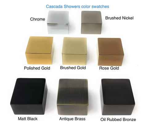 Cascada Showers color swatches showcasing Chrome, Brushed Nickel, Polished Gold, Brushed Gold, Rose Gold, Matt Black, Antique Brass, Oil Rubbed Bronze.
