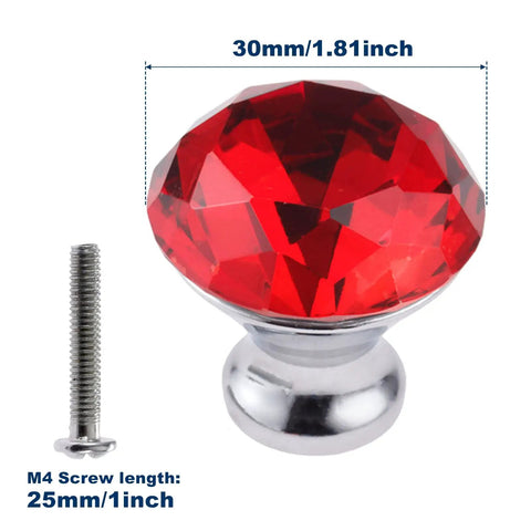 5 Pcs Red Crystal Cabinet Knobs Knockout Diamond Shape Handles with Screws, 30mm size, polished chrome base with M4 screw.
