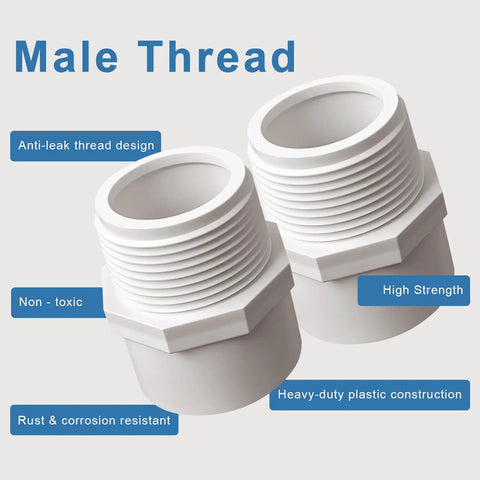 Two Pack One And A Half Inch PVC Male Thread Fittings With Slip Socket Two Way Pipe Couplers For Schedule Forty PVC White