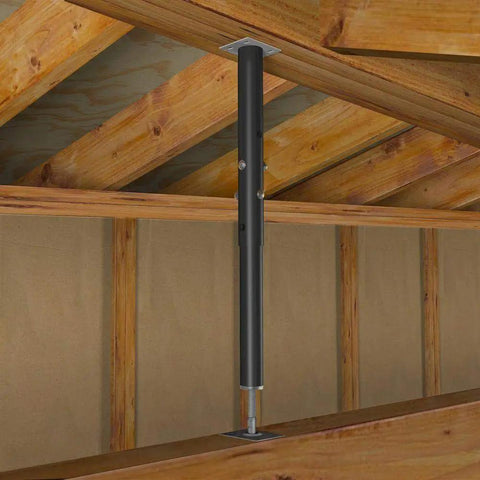 Heavy Duty Adjustable Floor Jack Post Two Pack For Understairs Support 18000 Lb Load Capacity displayed under wooden beams