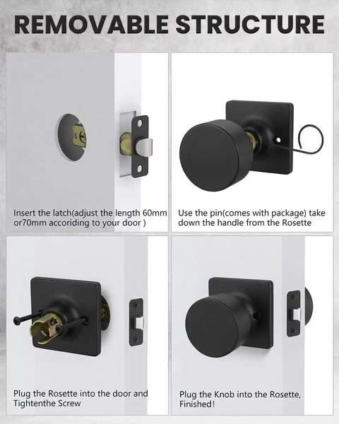 Installation guide for Solid Feel Black Interior Passage Door Knobs With Reversible Latch And Adjustable Fit Super Slick Finish.