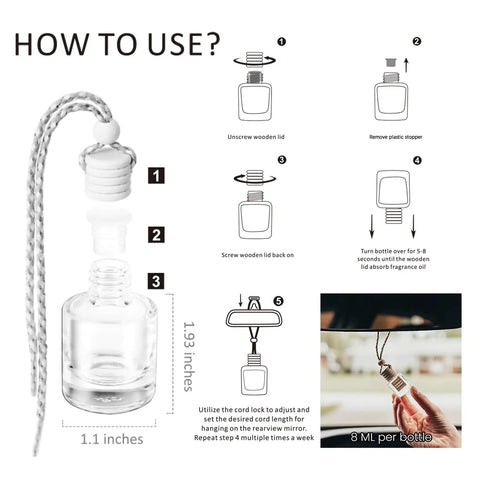 Premium Hanging Car Air Freshener Diffuser Set, Two Pack Vanilla Cream Oil Dispenser With Wood Cap And Glass Bottle, usage instructions.