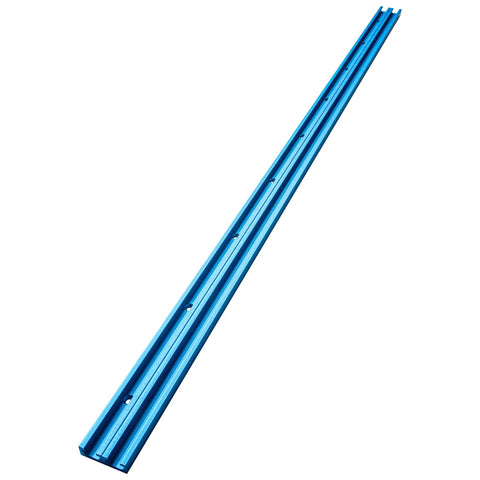 36 Inch Universal T Track With Double Cut Profile And Pre Drilled Mount Points For Zero Fuss Setup On Workbenches Table Saws And Drill Presses Featuring Rock Tight Grip And Laser Etched Measurements in blue aluminum.