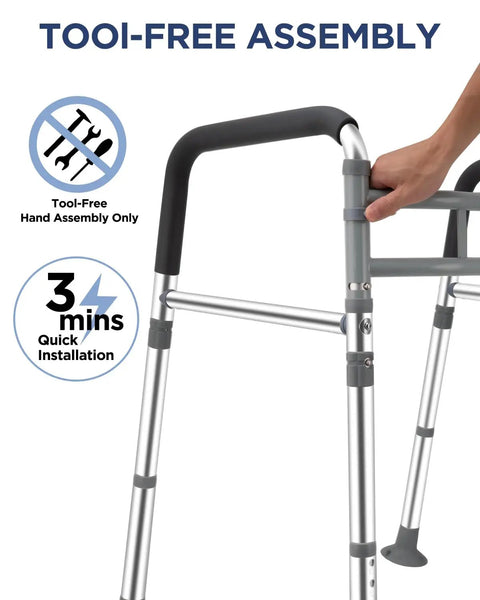 Adjustable Foldable Toilet Safety Rails For Seniors Handicap Users Straight Up Strong Aluminum Grab Bar with tool-free assembly for easy setup.