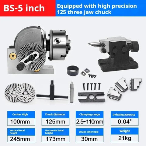 Solid Six Inch Universal Indexing Head For Milling Machines Featuring Heavy Duty Three Jaw Chuck And Cnc Rotary Axis Tailstock Kit with accessories.