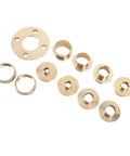 Heavy Duty Brass Template Guide Bushing Set With Eleven Precision Woodworking Router Adapters showing brass bushings in various sizes.