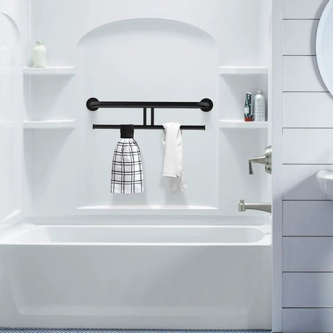 No Sweat Matte Black Grab Bar With Double Toilet Paper Roll Holder Combo mounted in modern bathroom with towels.