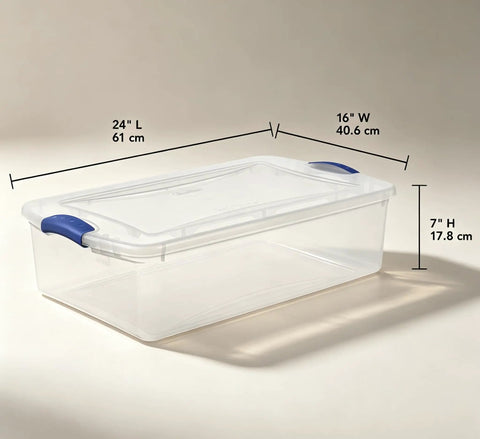 Heavy Duty 32 Quart Medium Clear Plastic Latching Storage Bin With Snap Tight Locking Lid Spill Resistant Container, 24" L.