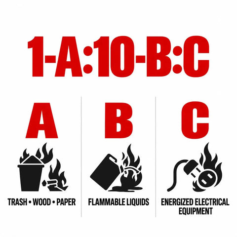 1A10BC rating graphic showing types of fires: A for trash, wood, paper; B for flammable liquids; C for energized electrical equipment.
