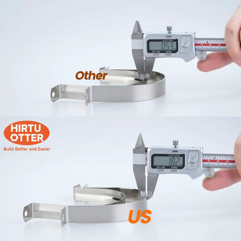 Workhorse Six Pack 3 Inch Thickened 304 Stainless Steel U Clip Pipe Brackets shown with caliper measuring thickness, comparison view.