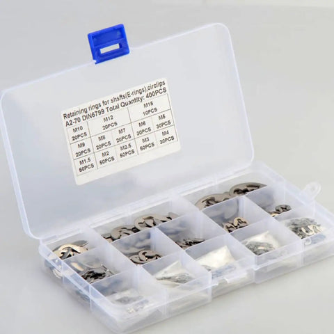 Stainless Steel E Shaped Retaining Ring Set Dope 400-Piece Shaft Clip Kit M1.5 To M15 in clear storage box, oil resistant.