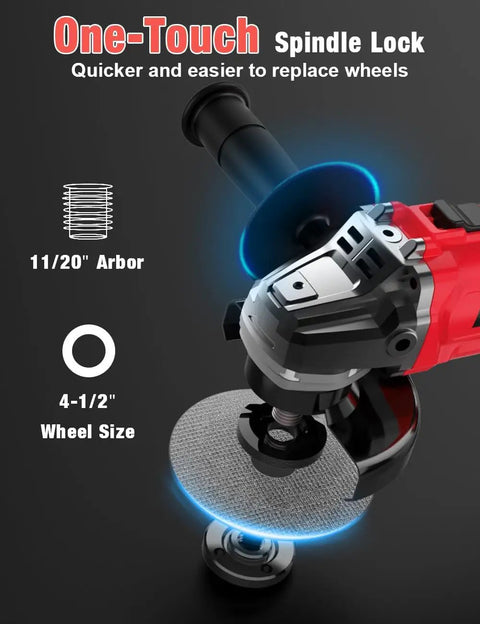 Built Tough As Nails Cordless Angle Grinder Featuring A Brushless Motor And Ten Thousand Rpm Speed On Four Point Five Inch Platform With M18 Battery Compatible Design displaying one-touch spindle lock and 4.5 inch wheel.