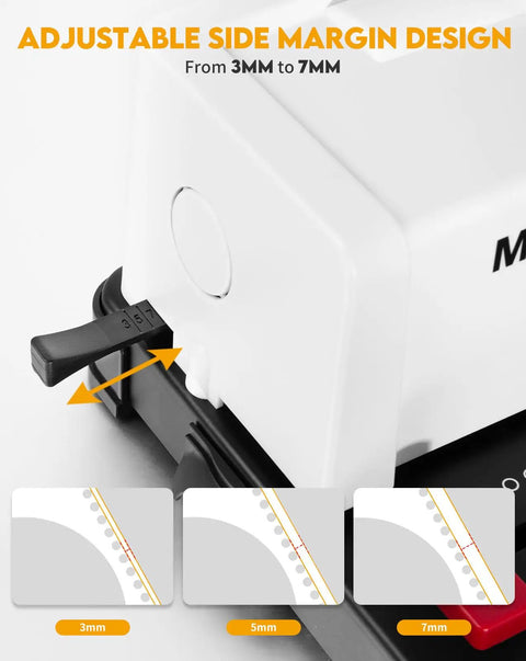 Smooth Operator Electric Spiral Binding Machine For Home Office, No Fuss Coil Insert With 4:1 Pitch, Punches 12 Sheets For A4 A5 Letter Size, Total Bang For Your Buck With 5 16 Inch Coils And Pliers showing adjustable side margin design with settings from 3mm to 7mm.